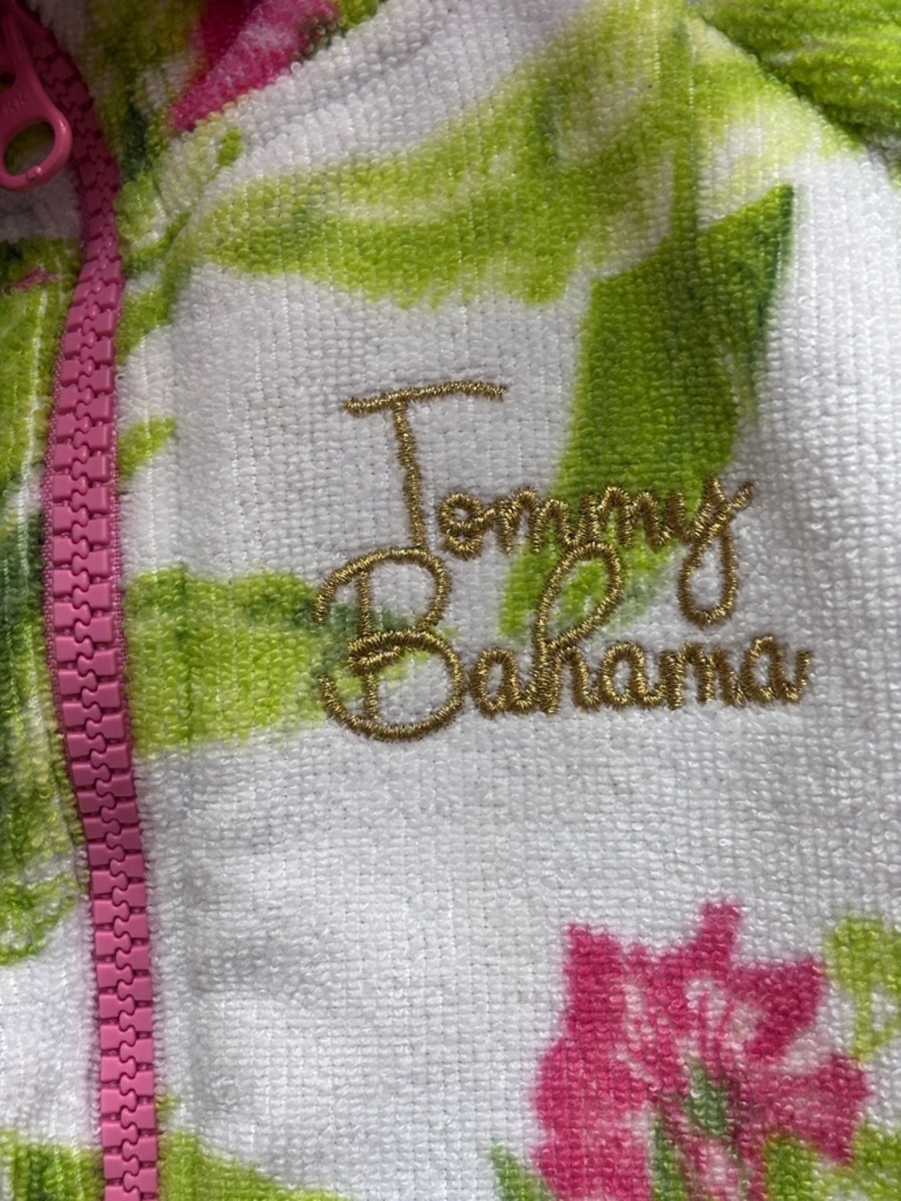 Tommy Bahama Golden Logo Hooded Towel Jacket w Pink Flowers & Lime Accents, EUC - Picture 5 of 12
